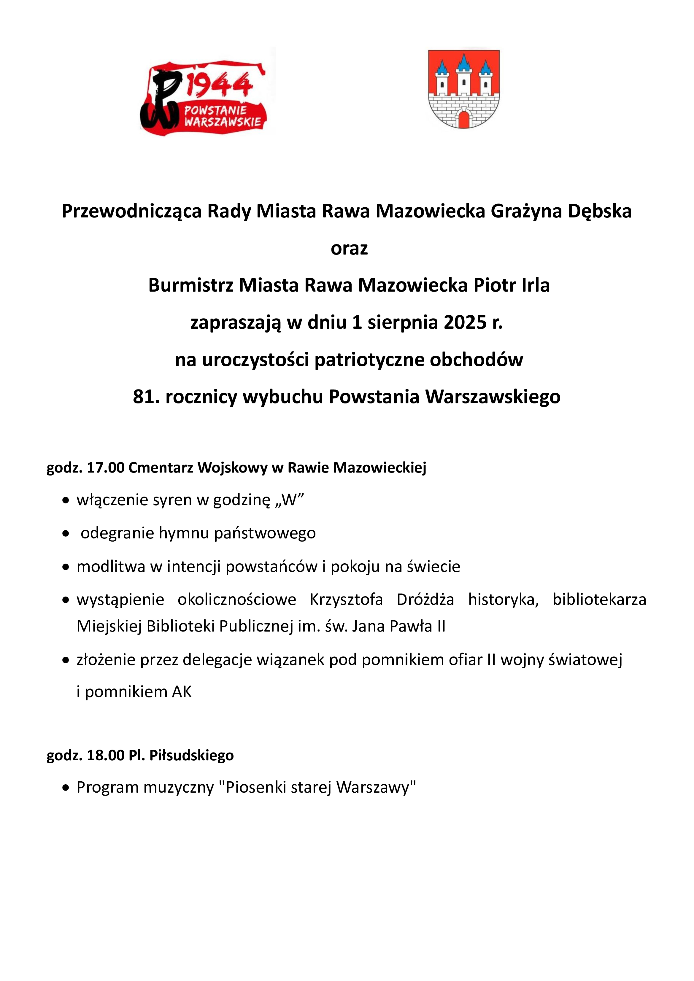 Zaproszenie na obchody 81. rocznicy wybuchu Powstania Warszawskiego