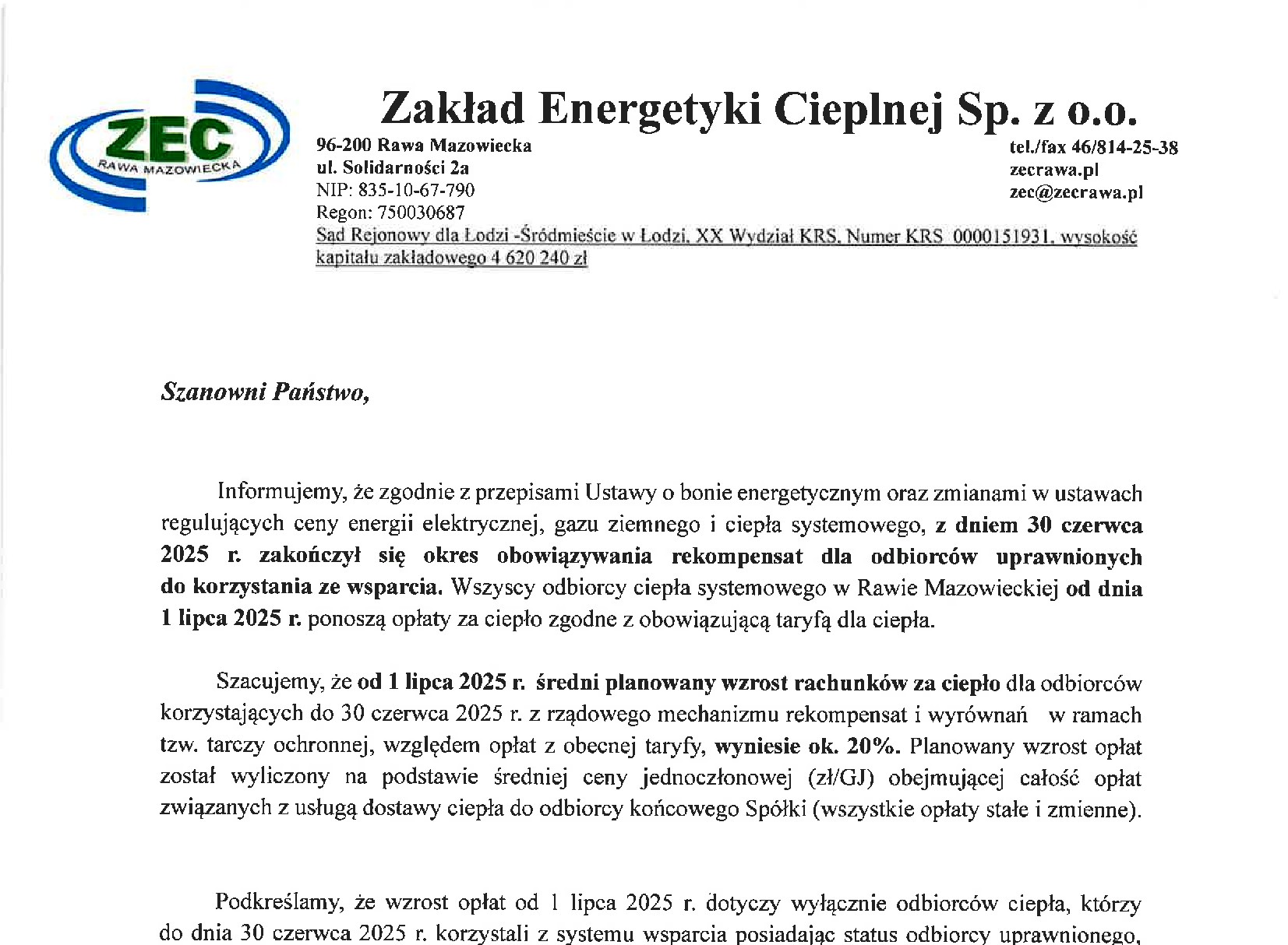 Komunikat Prezesa Zarządu ZEC w Rawie Mazowieckiej w sprawie zmian w opłatach za ciepło