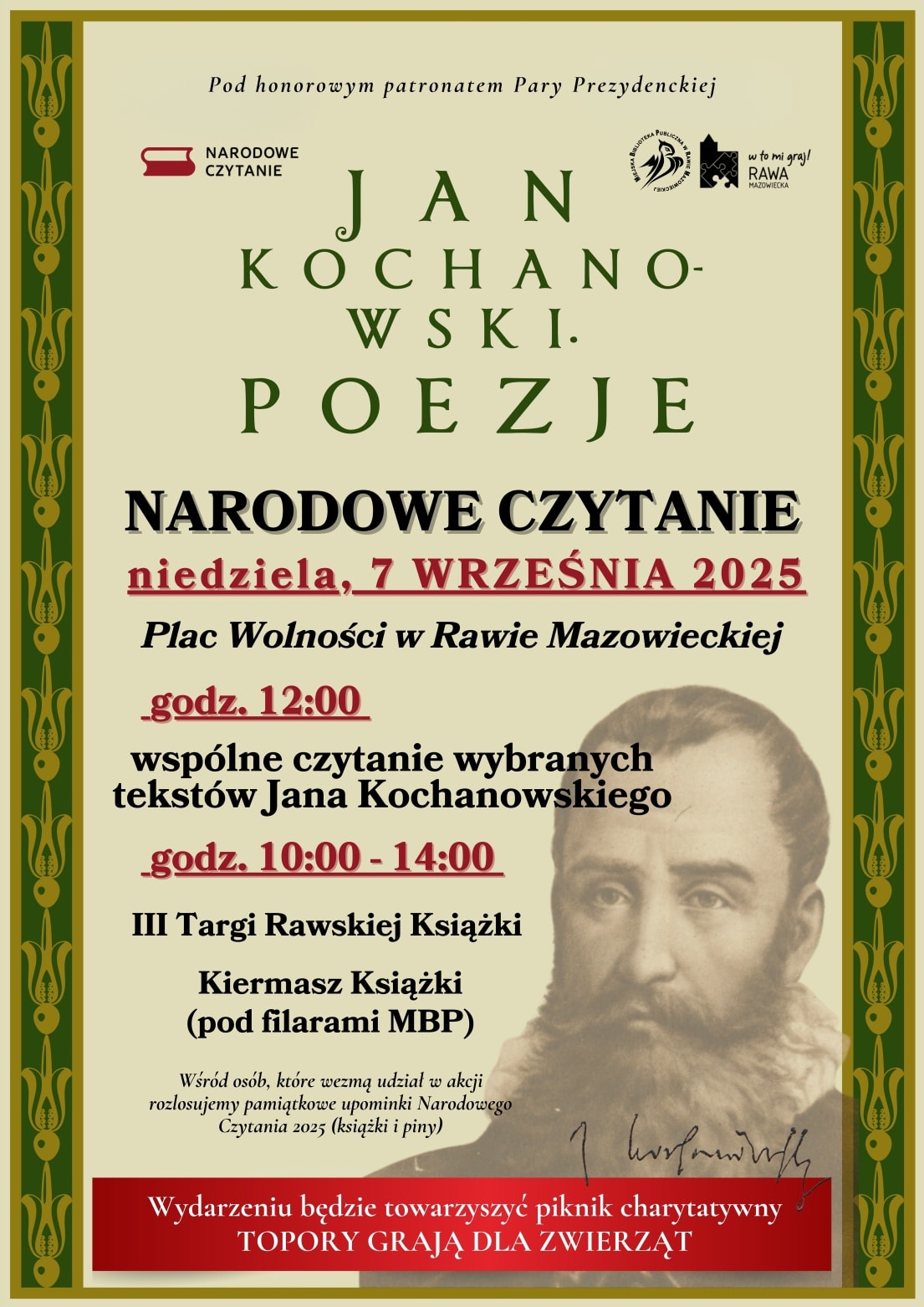 % Plakat: Narodowe Czytanie ze zdjęciem Jana Kochanowskiego
