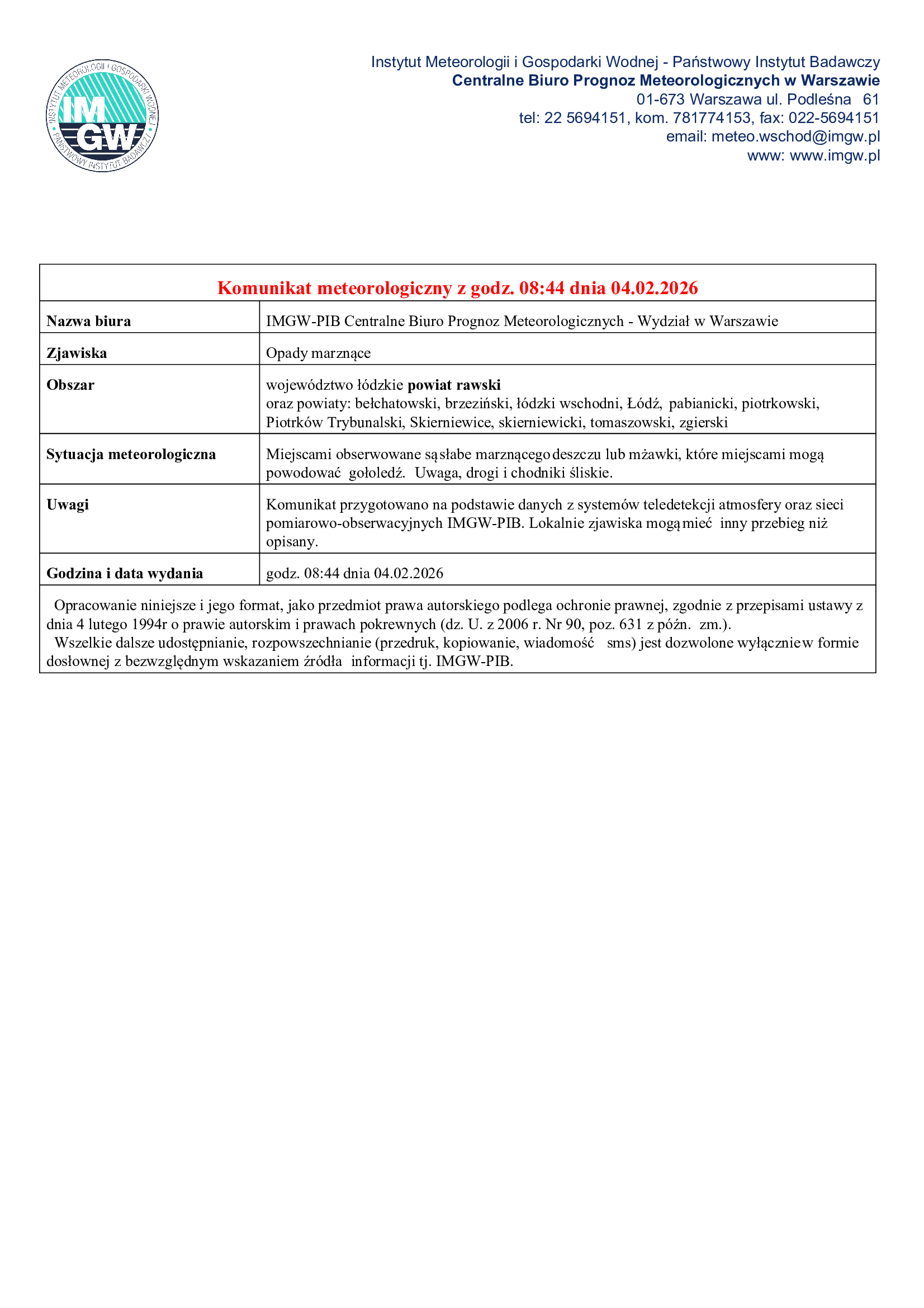 Ostrzeżenie IMGW – opady marznące i gołoledź w powiecie rawskim